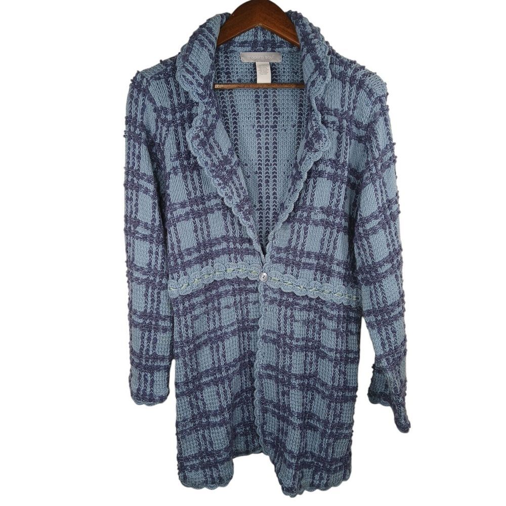 Modern‎ Soul Blue Long Plaid Single Button Cardigan Sweater Jacket Size XS  Wool